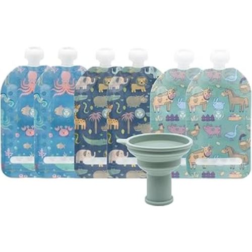 WeeSprout Double Zipper Reusable Food Pouches, Perfect for Babies & Toddlers, Freezer & Dishwasher Safe (Animals, 7 Fl Oz (Pack of 6) + Pouch Filler)