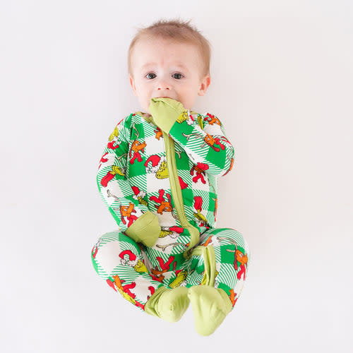 Christmas Plaid Green Guy Bamboo Red Zipper Romper – FancyPrince