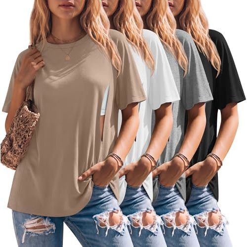 4 Pack Women's Oversize Nursing Shirts for Breastfeeding Hidden Zipper Short Sleeves Loose Summer Maternity Tops
