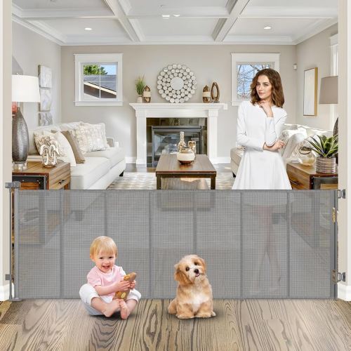 Reinforced 120 Inch Retractable Dog Gate Extra Wide Retractable Baby Gate Stop Bottom Crawling Over Babies and Pets Retractable Pet Gate Puppy Gate for The House Extra Wide Child Gate for Wide Opening