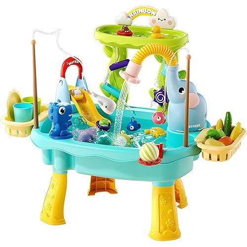 HUASHILUO 2027 Upgraded 4-in-1 Water Table for Toddlers 2-3, Kids Sensory Table with Electric Water Pump & Faucet, Kitchen Play Sink Toys with Food Accessories, Fishing Toy (NEW Blue)