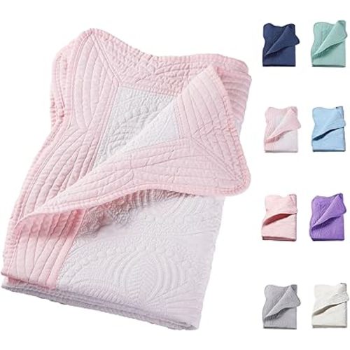 PEACELOVER Embossed Neutral Baby Quilt Durable, Lightweight Baby Blankets Four Seasons for Personlized Monogram Cotton Quilted Blanket Toddler Quilt for Boys and Girls 46x36 Inches (White & Pink)