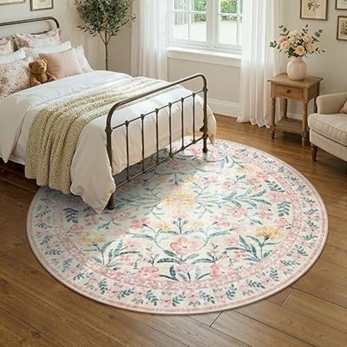 Lahome Sylvie Pink Floral 6 ft Round Rug, Soft Cozy Circle Rug for Tween Girls Bedroom Decor, Machine Washable Nursery Carpet with Non-Slip Backing for Retreat or Reading Nook