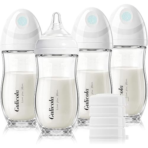 Gulicola Natural Glass Baby Bottle 8 oz for Breastfed Babies, Anti-Colic Baby Bottle Set with Medium Flow Nipple, 3 Months +, 4 Pack - White