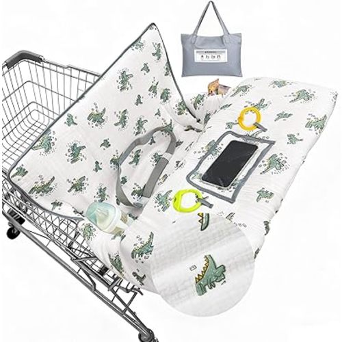 Muslin Shopping Cart Cover for Baby Soft & Breathable High Chair Covers for Restaurant Seat Grocery Cart Cover with Storage Pocket Machine Washable for Infant Toddler Boy Girl, White