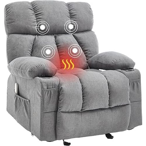 Massage Rocker Recliner Chair with Heat and Vibration Ergonomic Rocking Lounge Chair for Living Room Comfy Overstuffed Recliner with 4 Side Pockets,2 Cup Holders, USB Charge Port, Grey