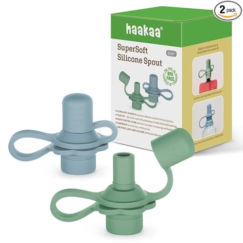 haakaa Multi-Functional Silicone Spout,Pouch Topper No Spill,Water Bottle Topper for Toddlers,100% Food Grade Silicone,2 Pack