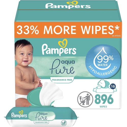 Pampers Baby Wipes Aqua Pure, 99% Water Based Wipes, Hypoallergenic and Unscented Infant Wipe, 896 Total (16 Flip-Top Packs)