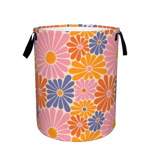 Groovy Daisy Flowers Collapsible Laundry Basket,70s Hippie Retro Bedroom Waterproof Laundry Hamper,Bathroom Large Storage Bag,College Dormitory Living Room Nursery Organizer Toy Bin 16" x 20"