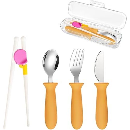 Toddler Utensils, Stainless Steel Baby Spoon, Fork & Knife with Silicone Handle, Kids Training Chopsticks, Kids Silverware with Portable Storage Case, Non-Slip Grip, BPA-Free, 4 pack