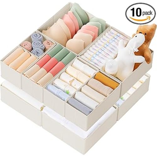 Drawer Organizer Clothes, 10 Pack Dresser Organizer for Baby Clothes, Underwear, Sock- Foldable Closet Organization and Storage Dividers Bins for Nursery, Bedroom (Oatmeal)