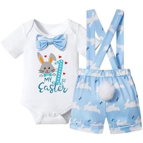 DONWEN Baby Boy Easter Outfit My 1st Easter Bowtie Romper + Bunny Suspender Shorts with Tail 2pcs Clothes Set