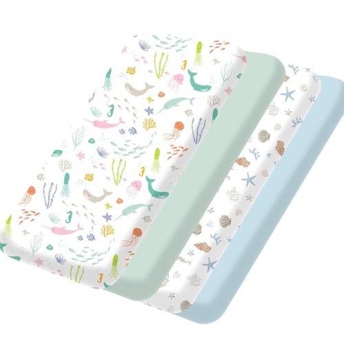 Pack and Play Sheets Fitted 4 Pack, 38 x 26 Inch Pack n Play Mini Crib Sheets for Boys and Girls, Soft Stretchy Playard Mattress Sheets for Graco Pack n Play, Ocean World