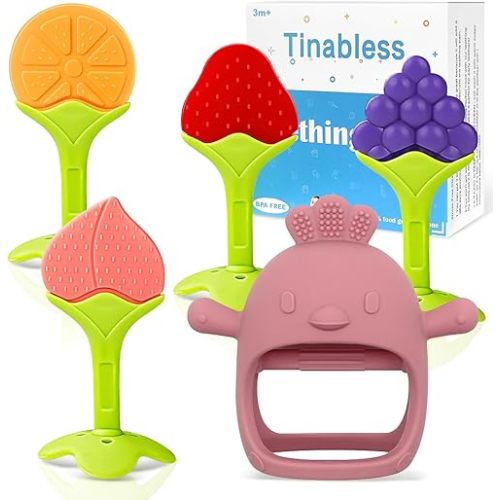 Baby Teething Toys (5 Pack) - Tinabless Infant Teething Keys&Silicone Teething Mitten Set for Babies Over 3 Months, Anti Dropping Baby Chew Toys for Sucking Needs, BPA Free(Coral Red)
