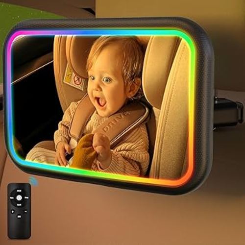 Baby Car Mirror with Light, 7 RGB Light Rear Facing Baby Car Seat Mirror with Remote Control Rechargeable 360° Rotation Hook Clip Design Wide View Shatterproof