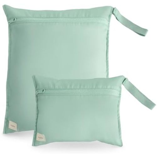 mushie Water Resistant Wet Bags | Large & Small Reusable Storage Bag for Baby Items and Travel | Zippered Pockets with Handle | Machine Washable, Set of 2 (Roman Green)