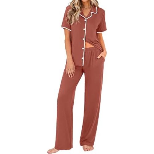Ekouaer Womens Pajamas Set Button Down Loungewear Short Sleeve Pants Pjs
