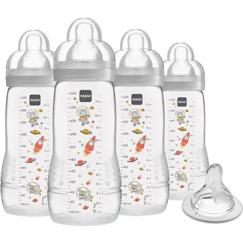 MAM Easy Active Baby Bottles 11 oz with Bonus Nipple, Fast Flow Skinsoft Silicone Nipple with Wide Neck Ergonomic Design, Easy to Hold, BPA-Free Bottles with Leak-Proof Caps for 4+ Months Baby, Unisex