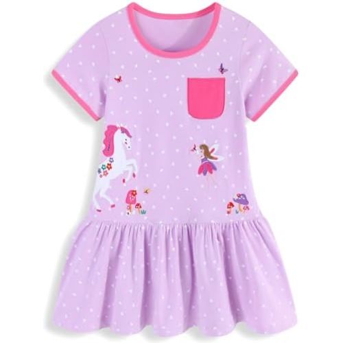 Hongshilian Little Girls Casual Cotton Dress Cartoon Print Short Sleeve Summer T-Shirt Skirt Dresses