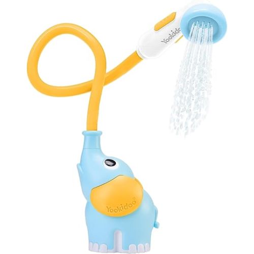 Yookidoo Baby Bath Shower Head – Elephant Water Pump with Trunk Spout Sprayer & Rinser, Dual Knob Flow Control, Bath Time Essential for Newborns, Tub or Sink (Blue & Orange)