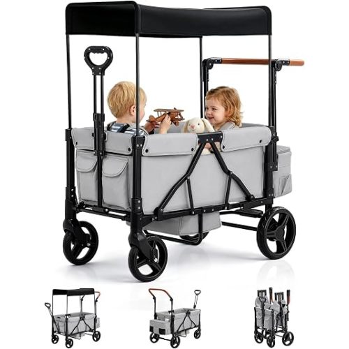 Foldable Wagon Stroller for 2-Seat with Canopy & Storage Bag Grey