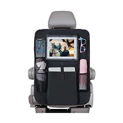 DSKKWS Backseat Car Organizer, Car seat Protector Kids Kick Mats Storage Bag with 10" Ipad Holder +5 Pockets for Baby Auto Travel (Black 1 Pack)