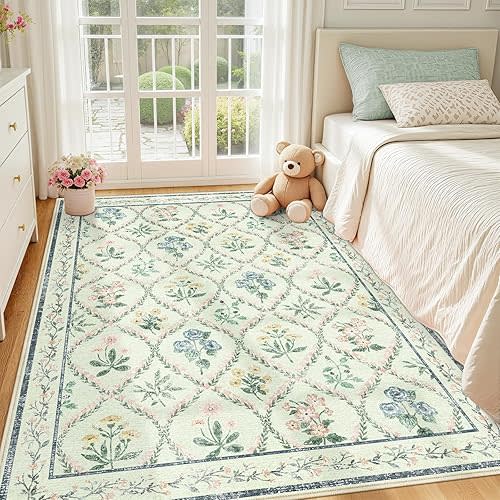 Green Floral Rugs for Living Room, 5x7 Washable Rug for Bedroom, Non Slip Ultra-Thin Indoor Ultra-Thin Large Boho Rug for Kids Playroom, Classroom, Girls Dorm, Nursery, Green Multi
