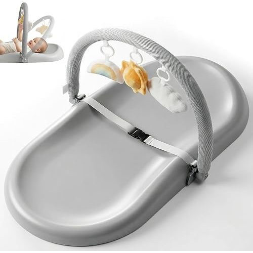 Wipe-Clean Baby Changing Pad, Waterproof Durable PU Pad, Soft & Non-Slip Safety Belt & Hanging Toys, Easy to Adjust & Removable Bar, Gray
