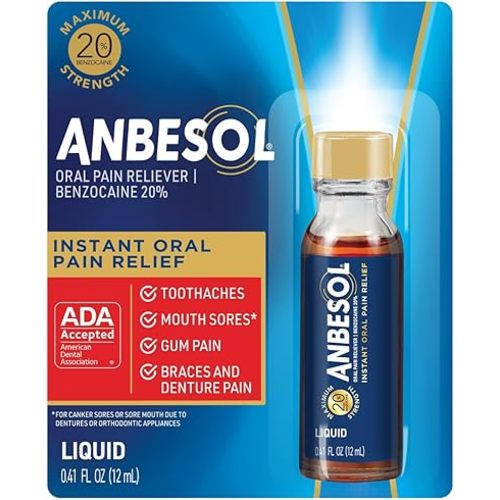 Anbesol Maximum Strength Liquid - Instant Oral Pain Relief, for Toothaches, Gums, Braces, & Denture Pain, and Mouth Sores*, Canker Sore Treatment Inside Mouth, ADA Accepted, 0.41 oz