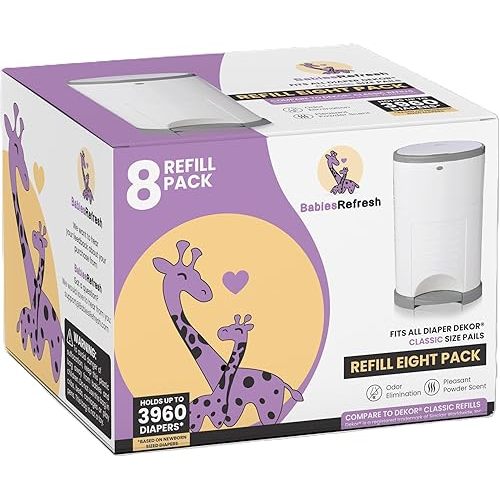 BabiesRefresh Refills Compatible with DEKOR CLASSIC Diaper Pail Refills | 8 Pack | Diaper Pail Odor Eliminator| Fresh Powder Scent | Each Diaper Bag Refill Holds up to 3960 Diapers | Diaper bin refill