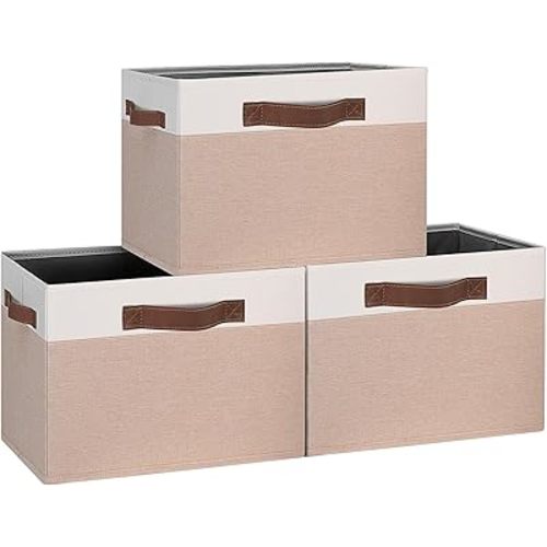 GhvyenntteS Large Fabric Storage Bins with 3 Handles, 15x11x9.6 Inch Storage Baskets for Shelves, Foldable Closet Storage Bins for Shelves, Closet Organizers and Storage Boxes, Beige Yellow&White