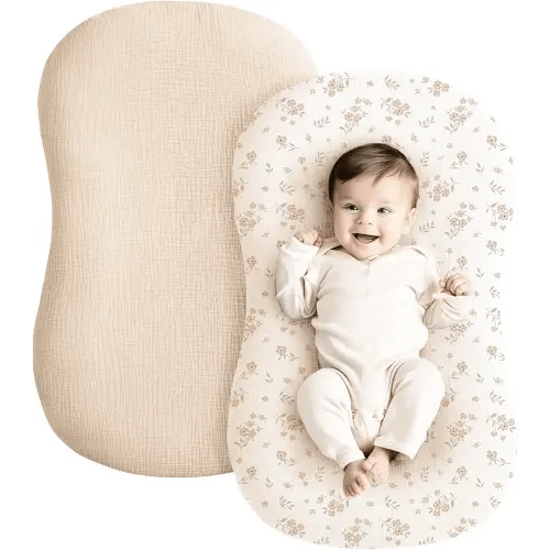 Konssy Muslin Baby Lounger Cover 2 Pack, 100% Cotton Newborn Lounger Cover, Soft and Breathable Baby Nest Slipcover for Boys Girls (Blossom,Pink)