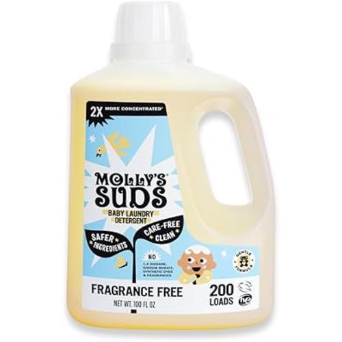 Molly's Suds Baby Liquid Laundry Detergent | Removes Formula, Poop & Spit-Up Stains | Extra Gentle for Infants, Babies, Toddlers (Fragrance Free, 200 Loads)
