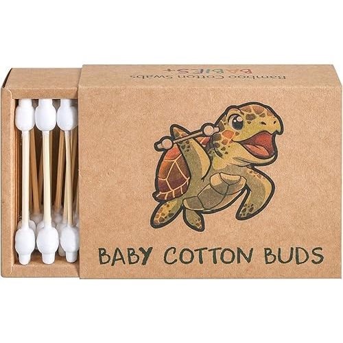 Sea Turtle Bamboo Cotton Swabs, Baby Safety Rim (100 Count) - Vegan, Eco Friendly, Organic, Double Tips, Plastic Free Wooden Ear Sticks, All Natural 100% Biodegradable Cotton Buds
