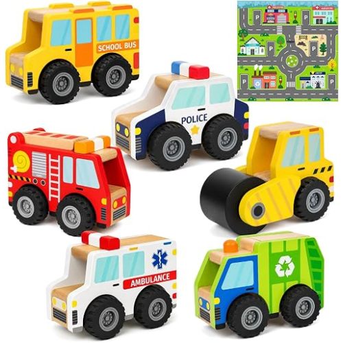 6 Pcs Wooden Push and Go Car Toys for Toddlers Kids Vehicle Playset with Matching Themed Map Wooden Early Learning Play Cars Trucks for Boys and Girls Ages 1-3