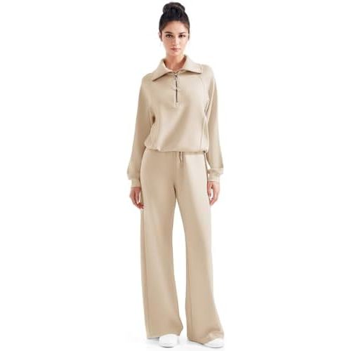 SUUKSESS Women 2 Piece Lounge Matching Set Wide Leg Sweatpant Half Zip Sweatshirt