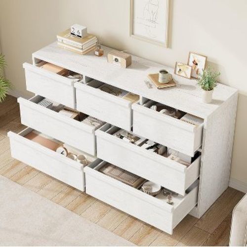 7 Drawer Dresser, 54" Wide Modern Double Dresser Organizer, Wooden Chest of Drawers, with Concave Handles, Large Storage, for Living Room, White