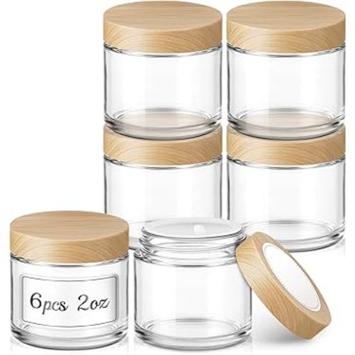 2 oz Small Glass Jars with Lids, Bumobum Clear Cosmetic Jars with Plastic Woodgrain Lids, 60ml Refillable Empty Containers for Lotion, Cream, Salve, Powders, 6 Pack