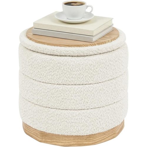 Chenille Folding Ottoman Footstool, Round Storage Ottoman, Soft Fabric, 260 lbs Load Capacity, Small Ottoman for Living Room, Bedroom, Dorm, White Colors
