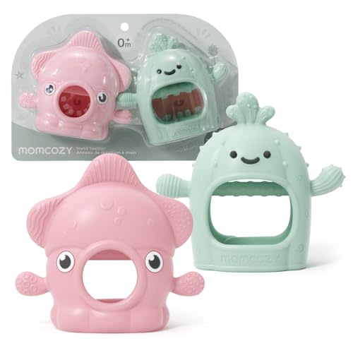 Momcozy 2 Pack Baby Teething Toys, Food Grade Silicone Baby Teether | Anti-Drop Wrist Mitten Set for 0-6 6-12 Months, Baby Essentials Teething Relief, 200°C Sterilizer Safe, Pink & Mint Green