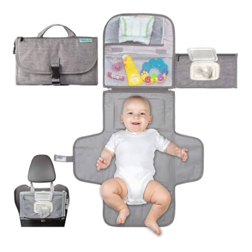 Kopi Baby Portable Diaper Changing Pad - Baby Diaper Changer Travel Bag with Wipes Pocket, Smart Design Portable Changing Mat, Infant Travel Station Kit, Gift for Newborn Girl & Boy - Grey, Classic