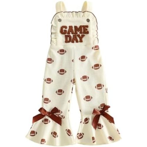 Toddler Baby Girl Football Outfit Game Day Overalls Football Bell Bottom Romper Flare Pants Rugby Jumpsuit