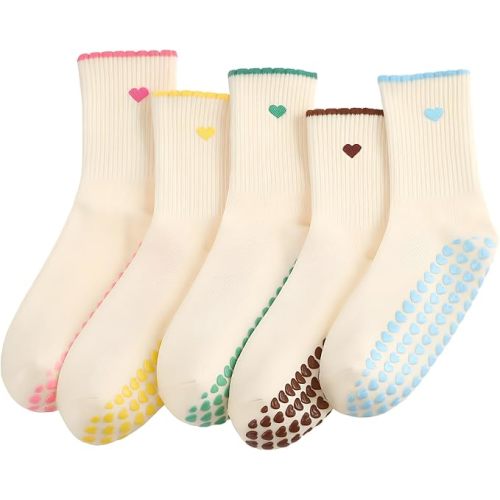 Halfchet 5 Pairs Women Pilates Grippy Socks Cute Non-slip Socks