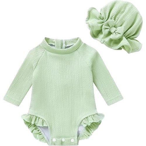 Infant Baby Girl Swimsuit One-Piece Long Sleeve Rash Guard with Hat Set Floral Zipper Bathing Suit Leopard Beach Wear