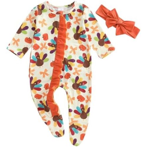 Newborn Baby Girl Thanksgiving Outfit Ruffled Turkey Print Romper Jumpsuit Infant Girl Thanksgiving Clothes 3M 6M 12M