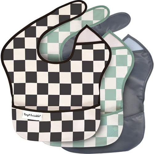 Tiny Twinkle Mess-Proof Baby Bibs for Eating | Waterproof, Wipeable Toddler Bibs with Catch-All Pocket | Feeding Bibs for Girls & Boys(3 Pack,Checkers Boy)