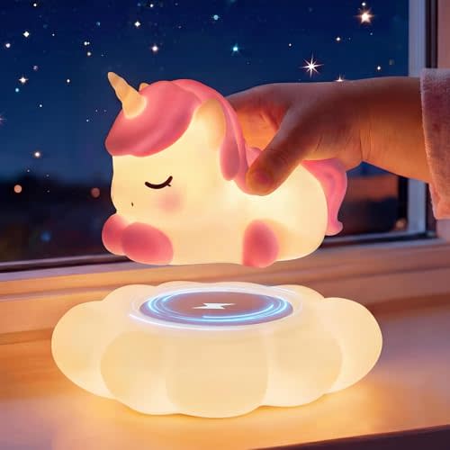 Mewaii Huggwaii Squishy Cloud Unicorn Night Light for Kids, BPA-Free | 7 Colors Changing, Wireless Charging Cloud Base, 30 Min Timer, 3 Levels Dimmable, Rechargable, Nursery Decor, Gift for Girls