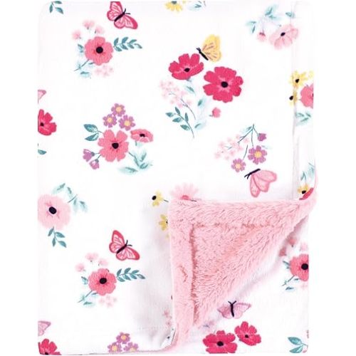 Hudson Baby Unisex Baby Plush Blanket with Furry Binding and Back, Butterfly Floral, One Size