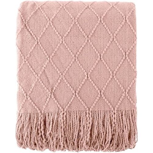 BATTILO HOME Blush Throw Blanket with Tassels, Pink Knit Blanket for Home Decor, Boho Style Textured Knitted Decorative Blanket for Couch, Sofa &Bed, 50"x60"