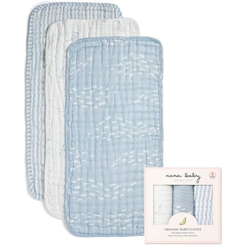 Nana Baby Burp Cloths – 100% Organic Cotton, Oversized & Hypoallergenic, 8-Layer Muslin, Machine Washable, Neutral Unisex Colors, Gentle on Sensitive Skin, Set of 3 (Blue)